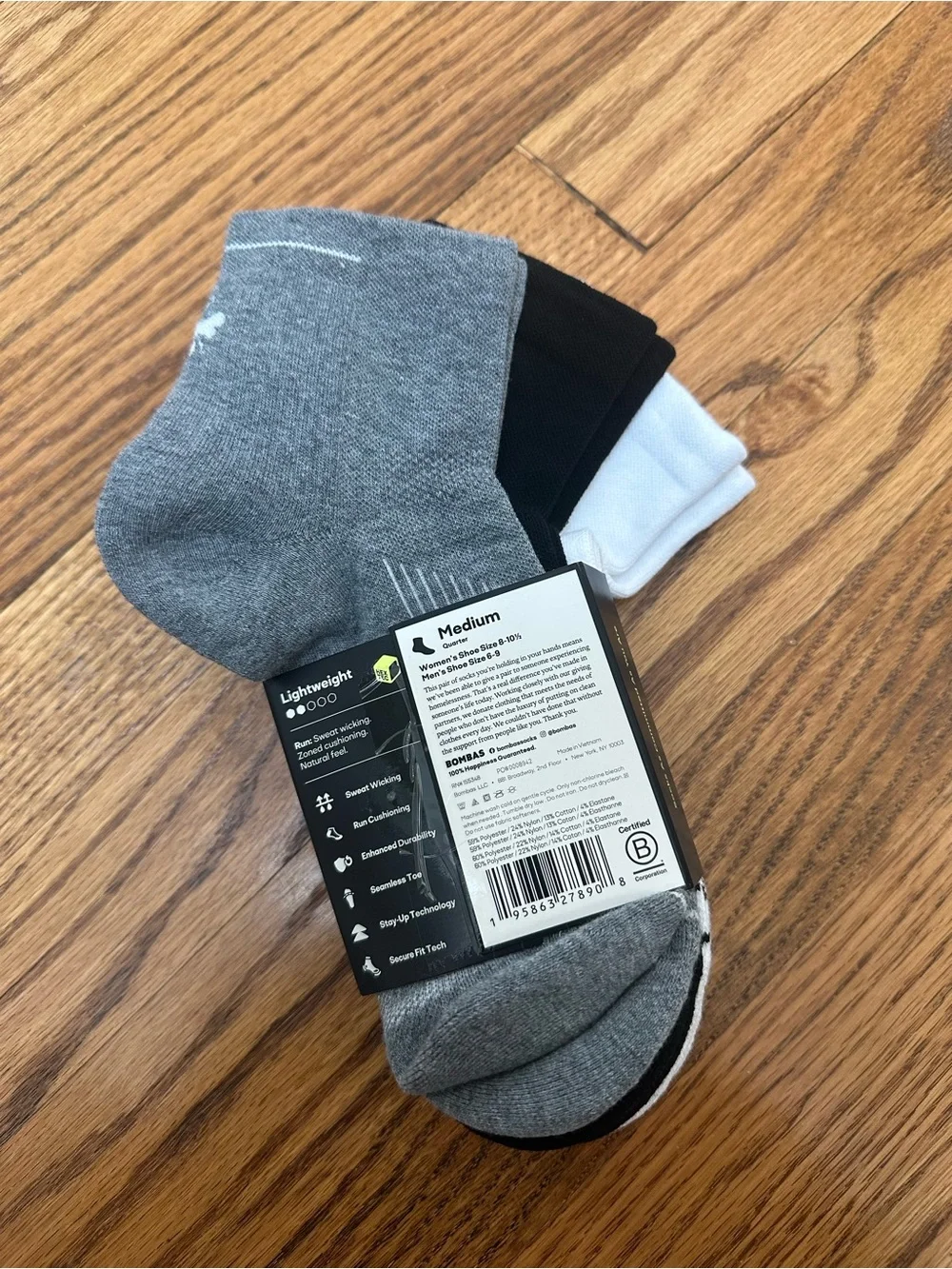 NEW 3-pack Bombas Women's Running Ankle Socks - White, Black, Gray